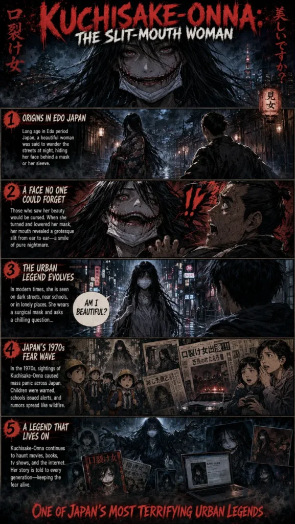 The Slit Mouth Woman strange story: Origins, encounter, and the 100% Terrifying Legend of Kuchisake-Onna 3 he Slit-Mouthed Woman of Japanese Folklore: A Horror Story That Feels Real
