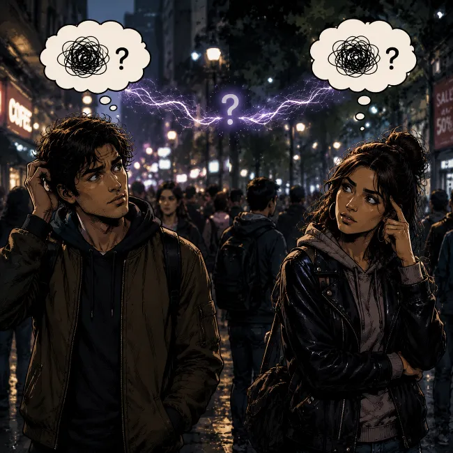 a male look confused toward a female as they share same thoughts